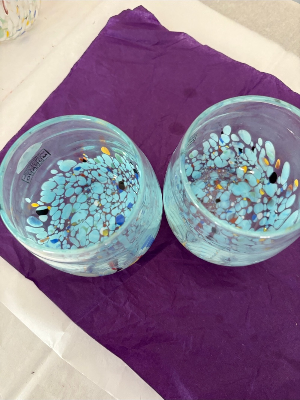 Murano White Crystal Blue Light Confetti Stemless Wine Tumblers Hand Made Italy - Picture 5 of 6